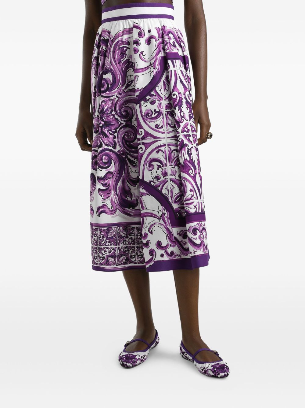 Dolce & Gabbana Maiolica Print Pleated Cotton Midi Skirt Purple
