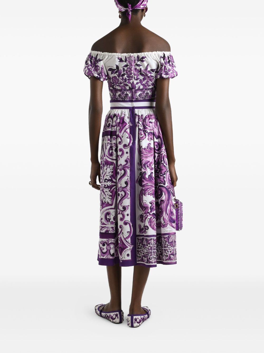 Dolce & Gabbana Maiolica Print Pleated Cotton Midi Skirt Purple