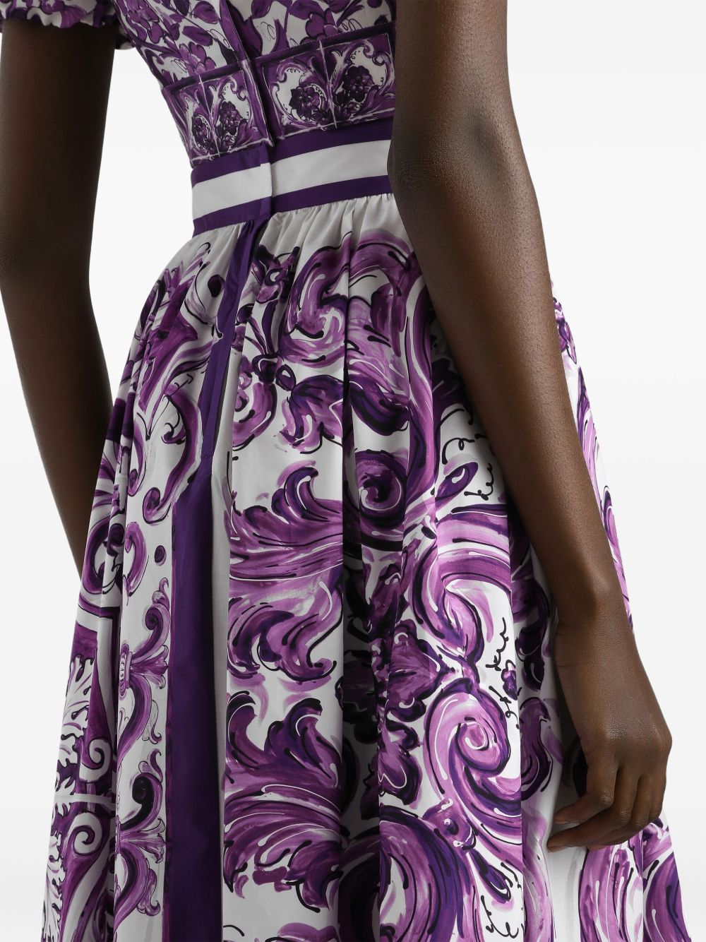 Dolce & Gabbana Maiolica Print Pleated Cotton Midi Skirt Purple