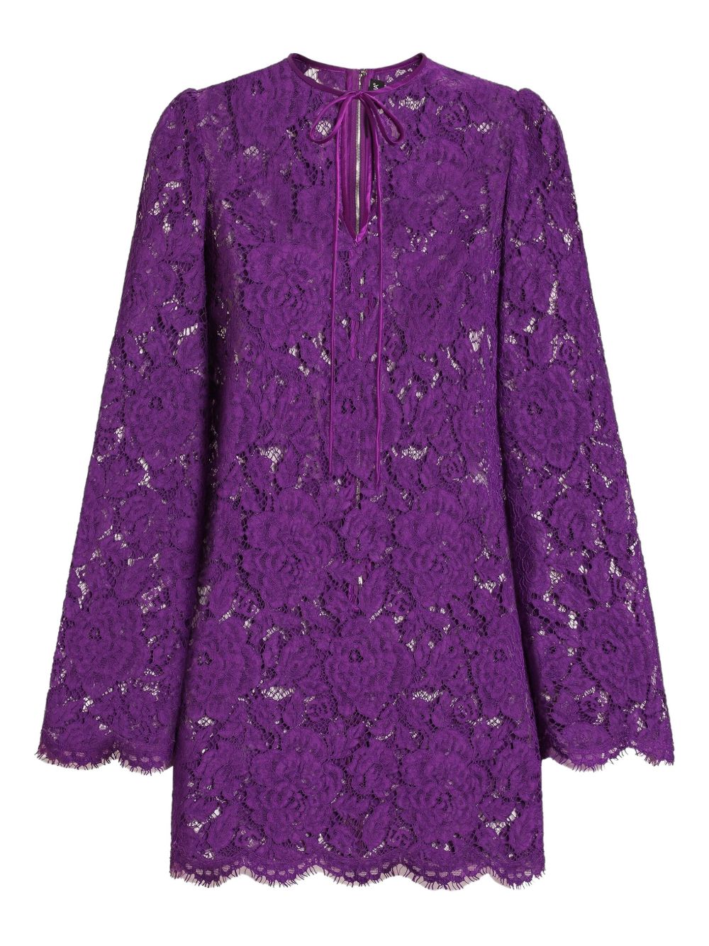Dolce & Gabbana Lace Amethyst Purple Mini Dress with Bell Sleeves and Tie Detail Purple
