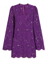 Dolce & Gabbana Lace Amethyst Purple Mini Dress with Bell Sleeves and Tie Detail Purple