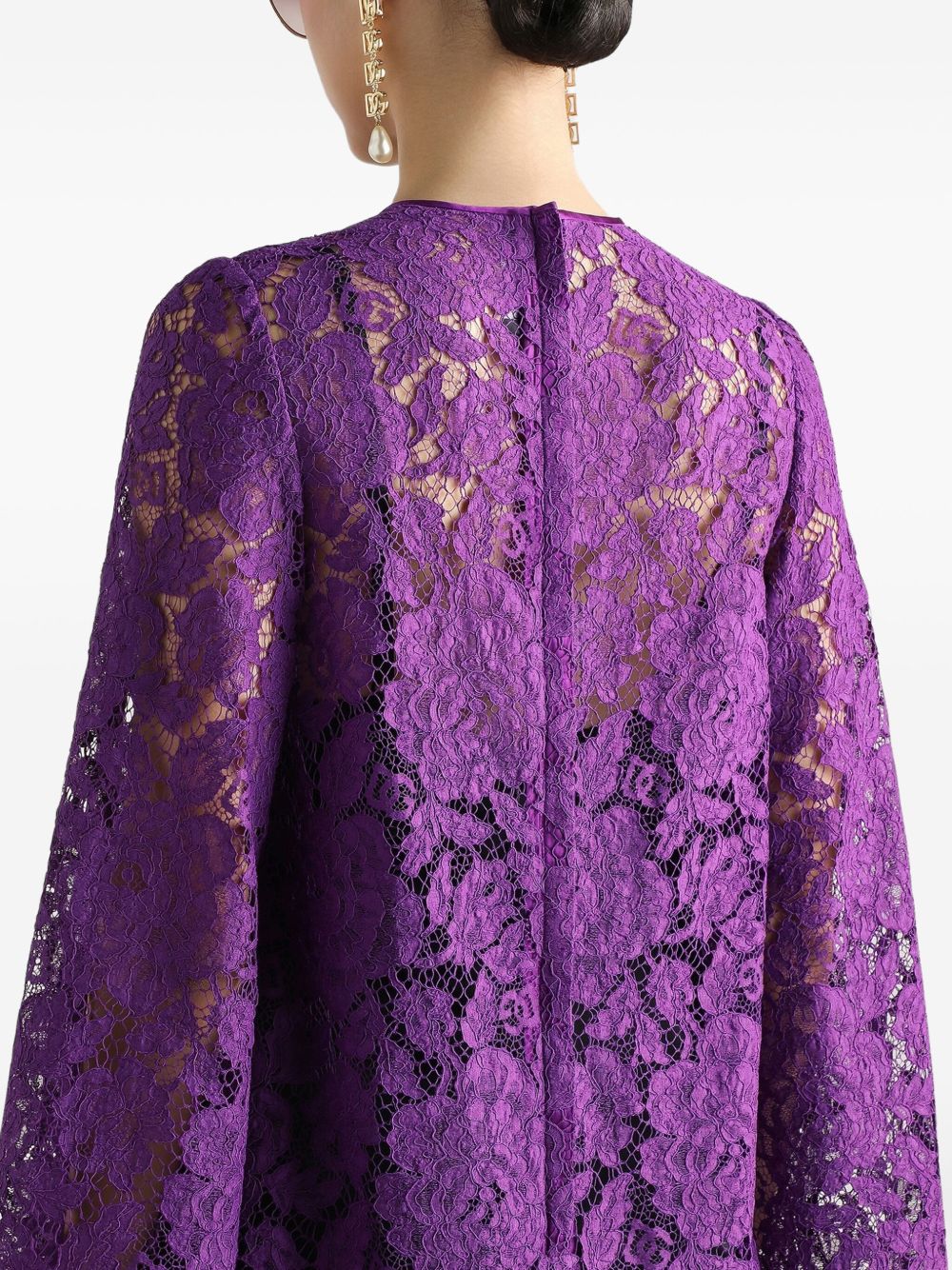 Dolce & Gabbana Lace Amethyst Purple Mini Dress with Bell Sleeves and Tie Detail Purple
