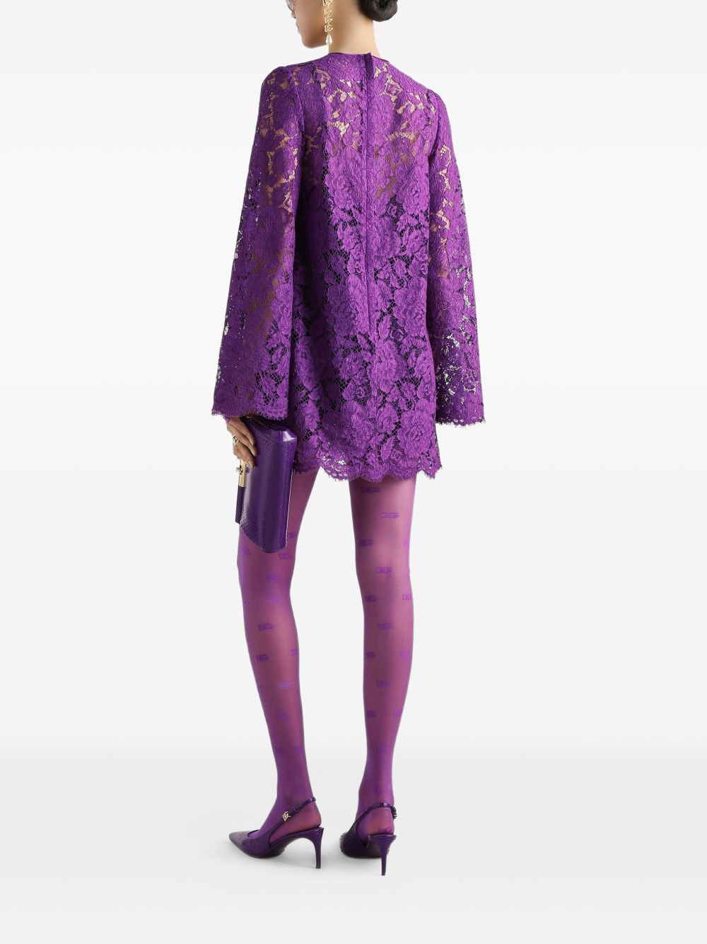 Dolce & Gabbana Lace Amethyst Purple Mini Dress with Bell Sleeves and Tie Detail Purple