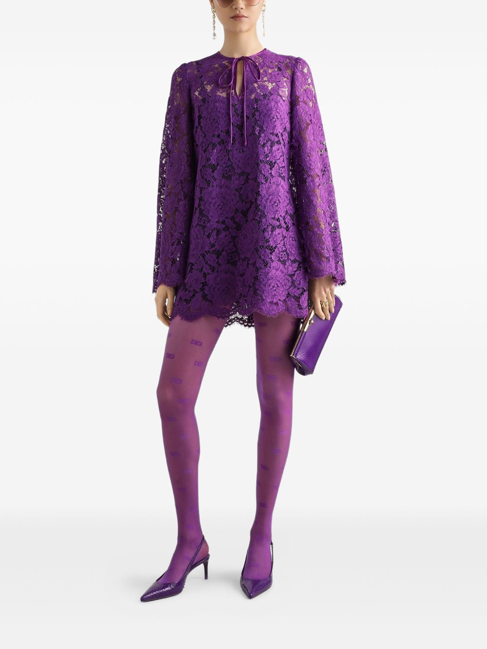 Dolce & Gabbana Lace Amethyst Purple Mini Dress with Bell Sleeves and Tie Detail Purple