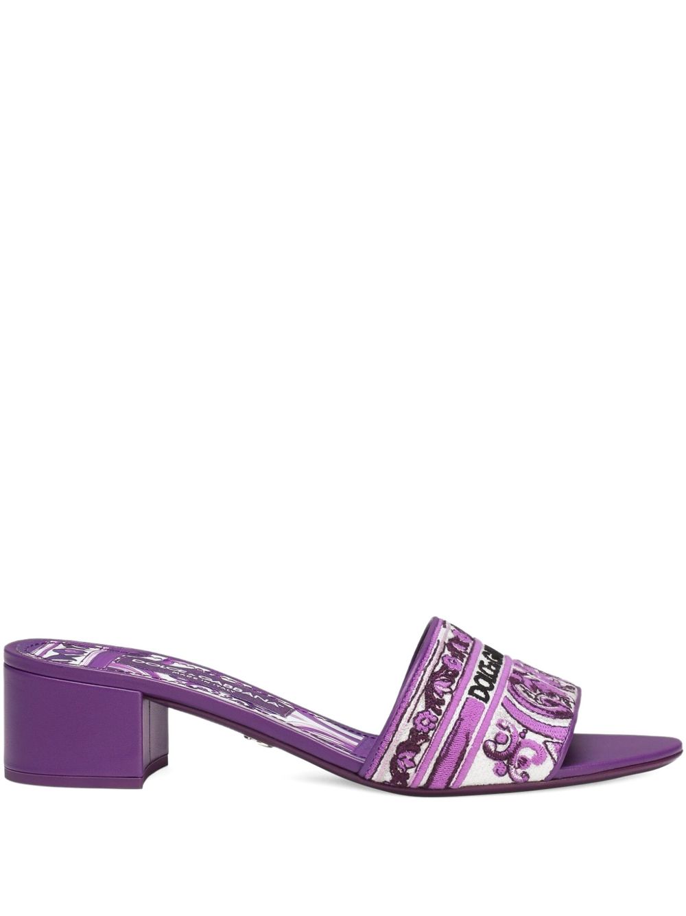 Dolce & Gabbana Maiolica Print Purple Slip-On Leather Sandals Purple