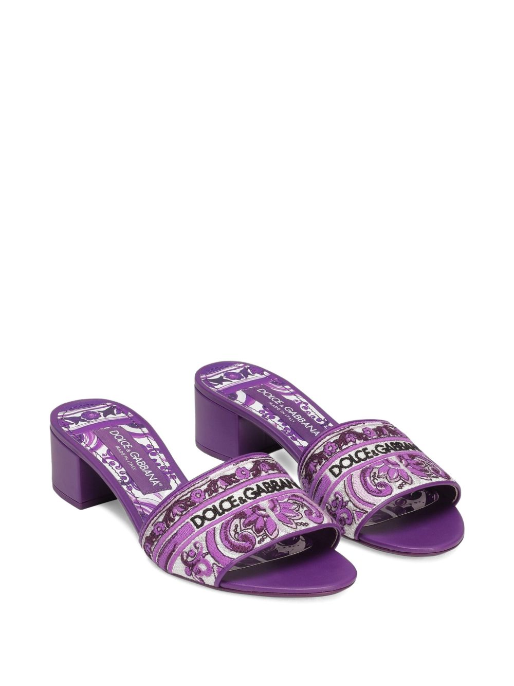 Dolce & Gabbana Maiolica Print Purple Slip-On Leather Sandals Purple