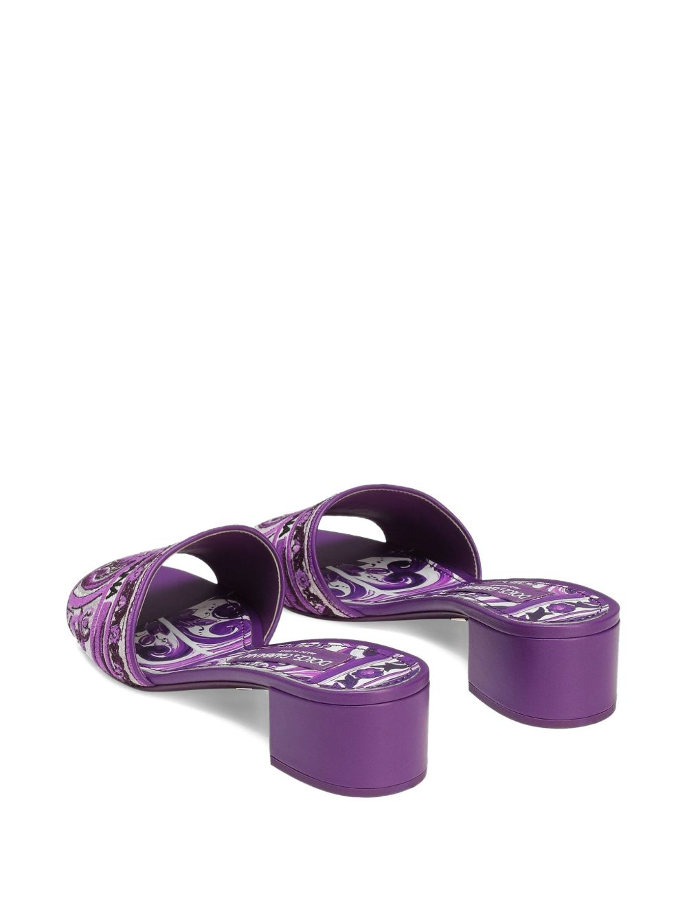 Dolce & Gabbana Maiolica Print Purple Slip-On Leather Sandals Purple