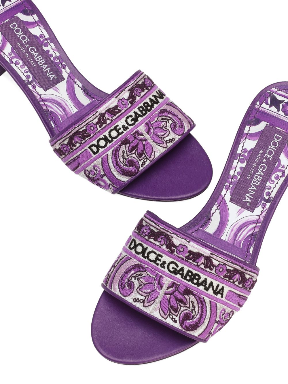 Dolce & Gabbana Maiolica Print Purple Slip-On Leather Sandals Purple