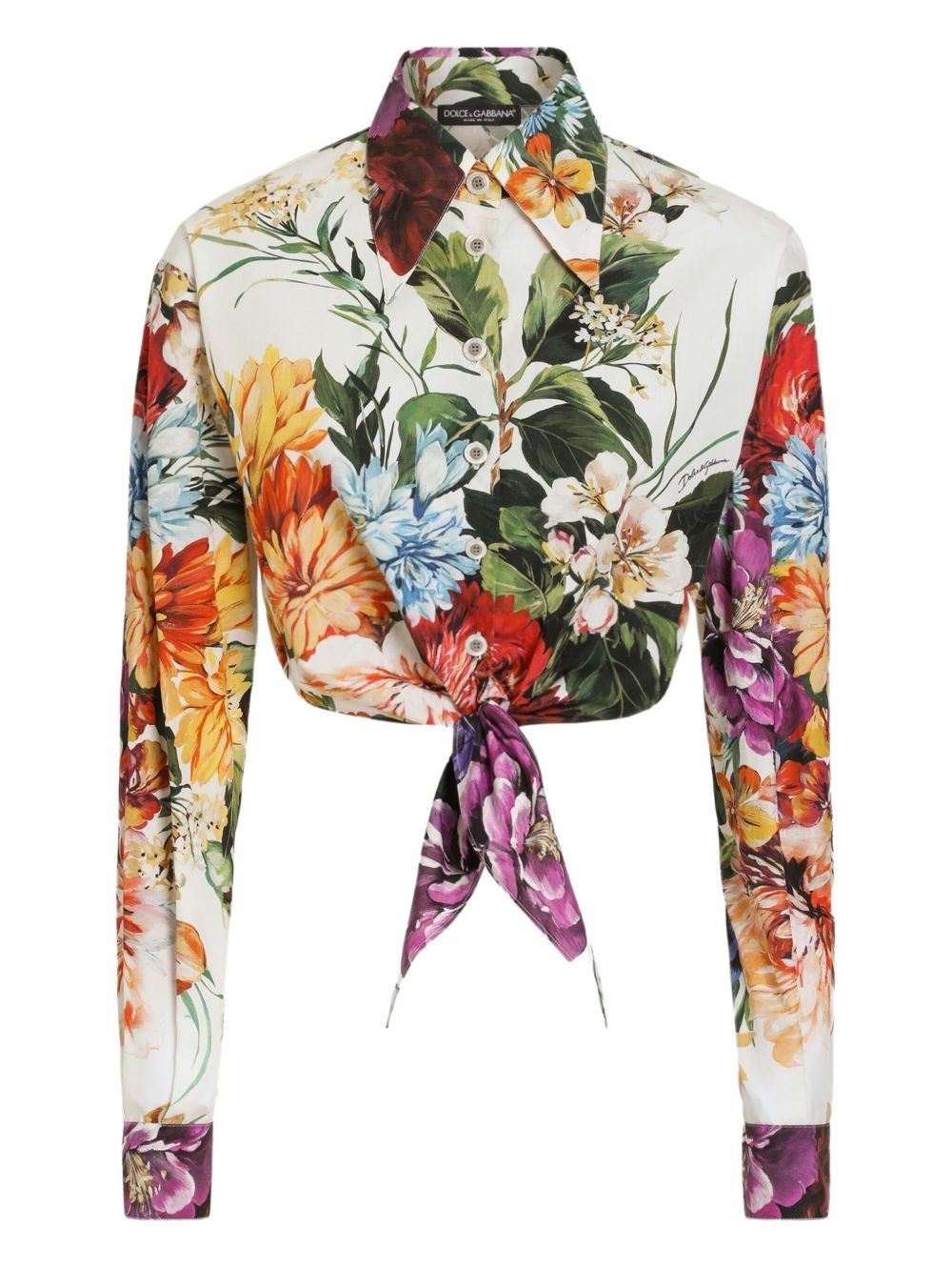 Dolce & Gabbana Cropped Floral Cotton Shirt with Self-Tie White White