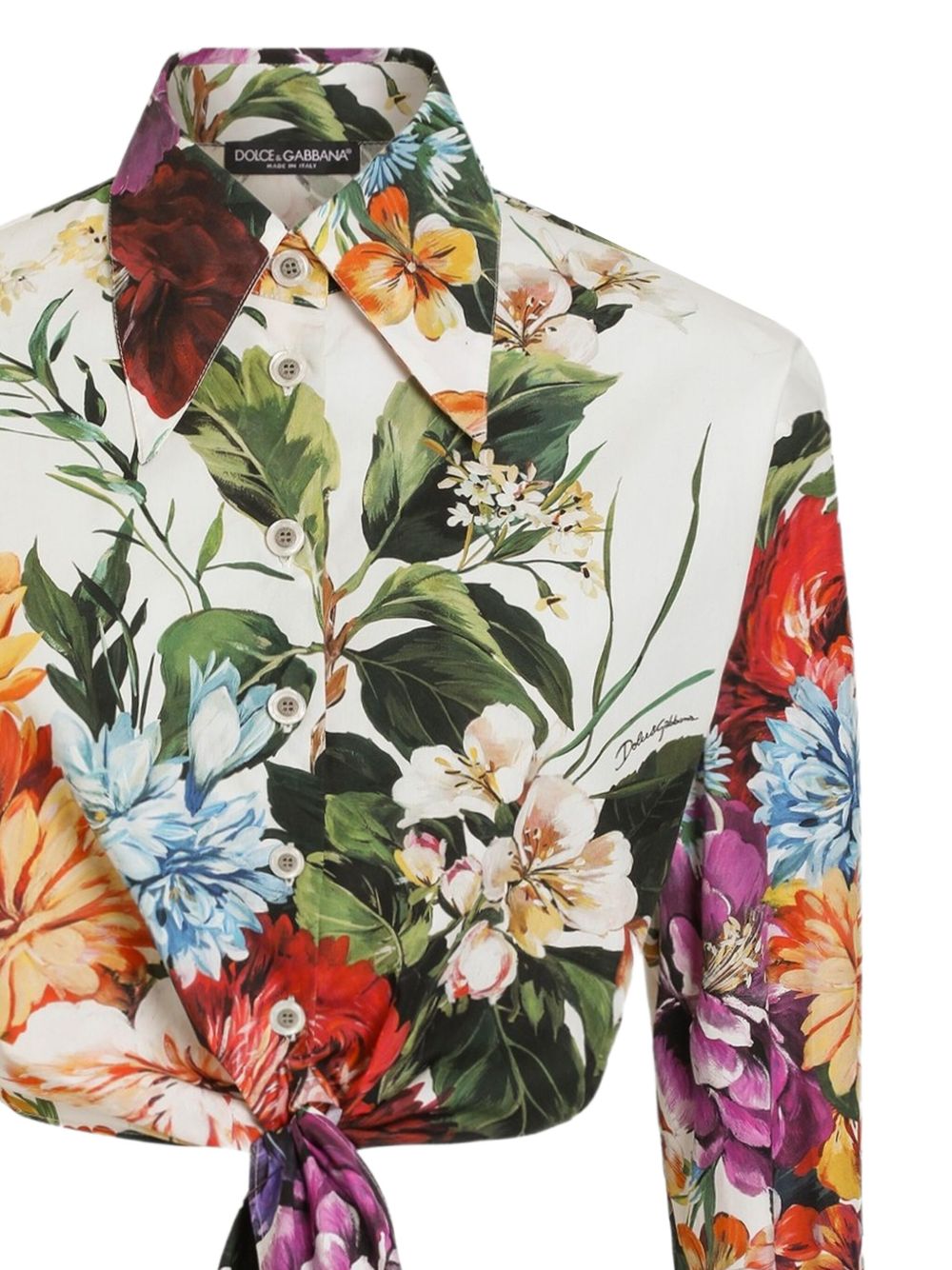 Dolce & Gabbana Cropped Floral Cotton Shirt with Self-Tie White White