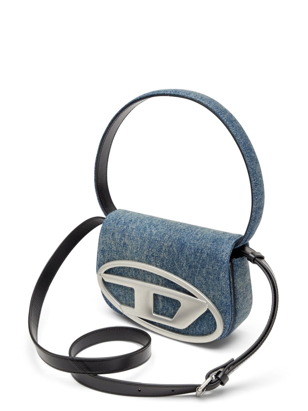 Diesel 1DR Foldover Denim and Leather Shoulder Bag Clear Blue