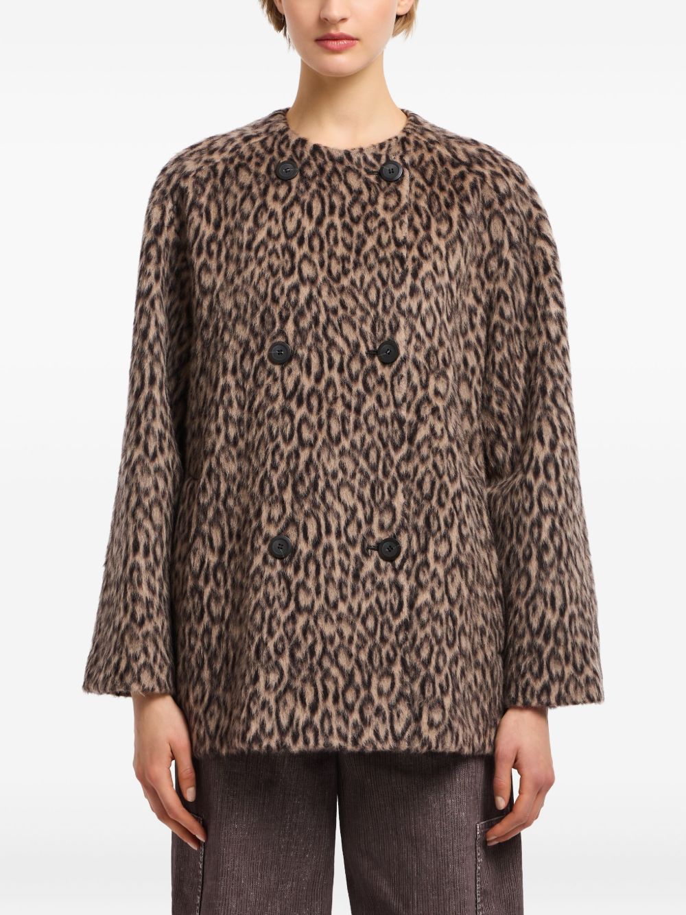 Emporio Armani Leopard-Print Double-Breasted Wool Coat MultiColour