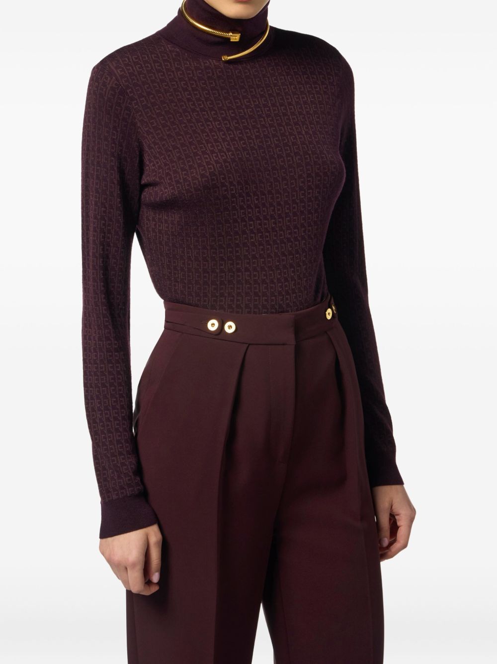 Elisabetta Franchi Jacquard Wool-Blend Roll-Neck Sweater Bordeaux Bordeaux