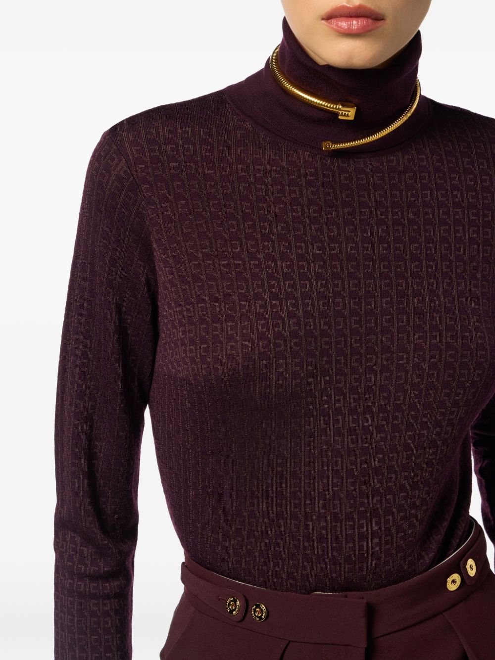 Elisabetta Franchi Jacquard Wool-Blend Roll-Neck Sweater Bordeaux Bordeaux