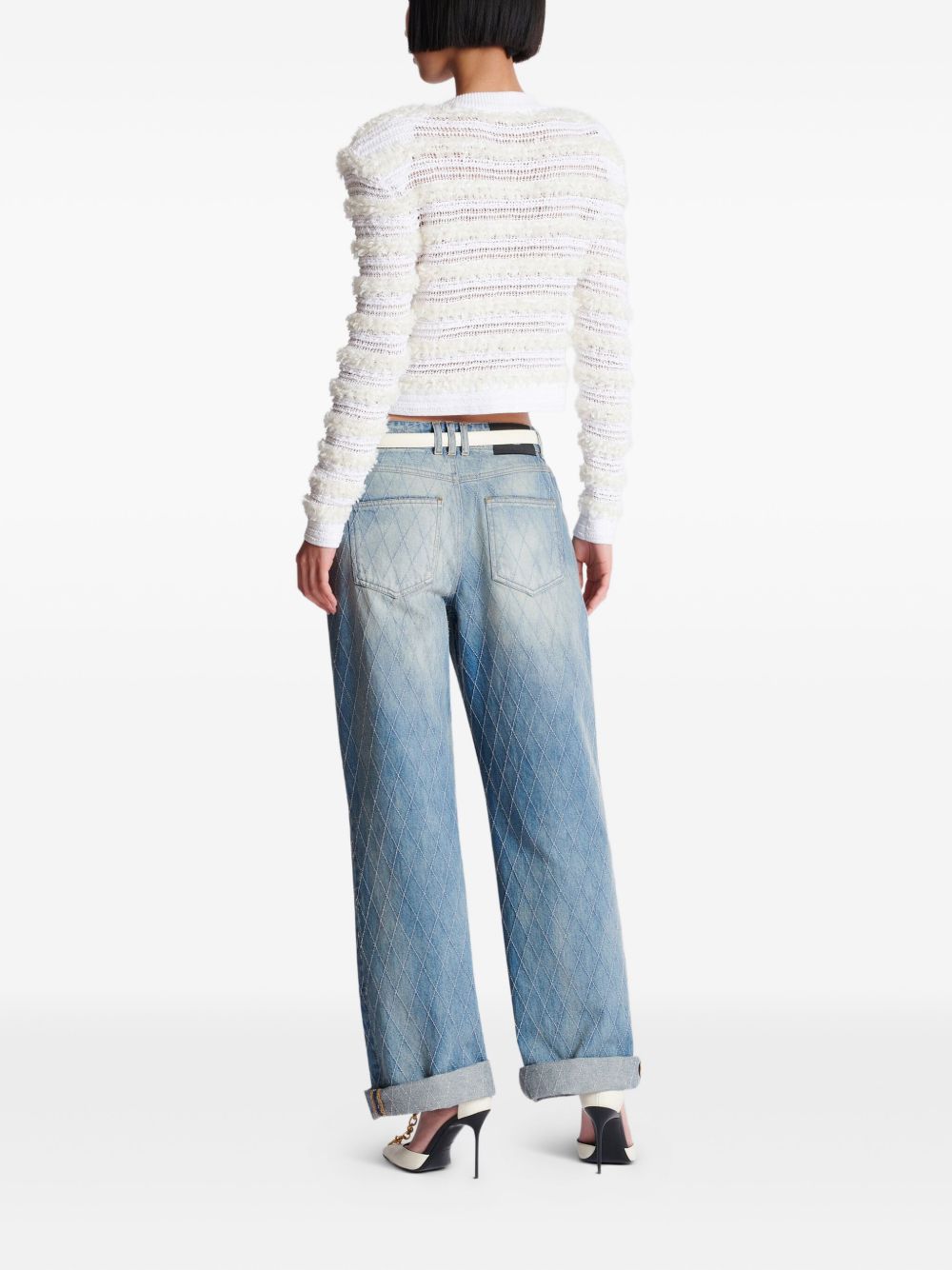 Balmain Long-Sleeved Tweed-Effect Knit Cardigan White