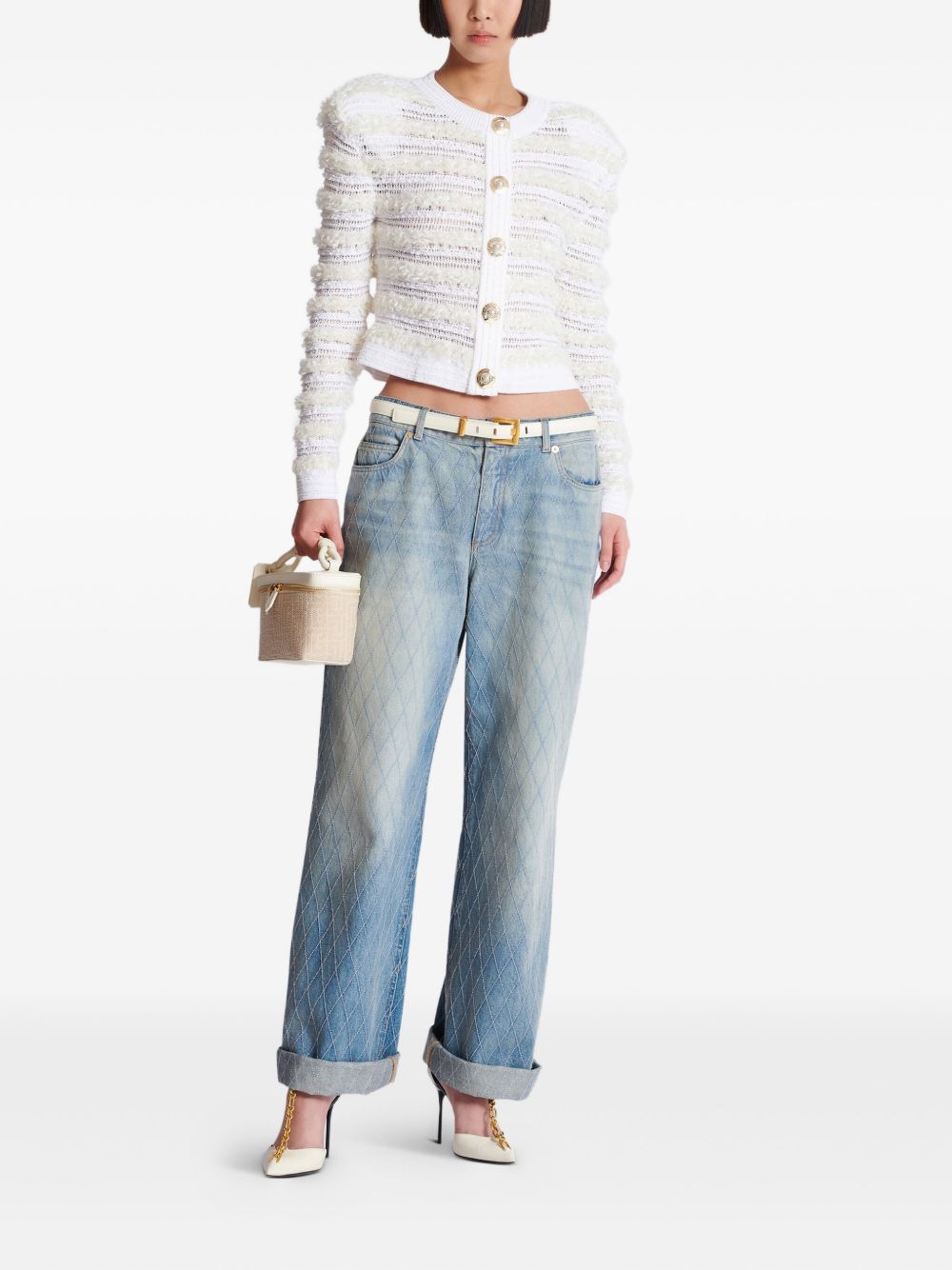 Balmain Long-Sleeved Tweed-Effect Knit Cardigan White