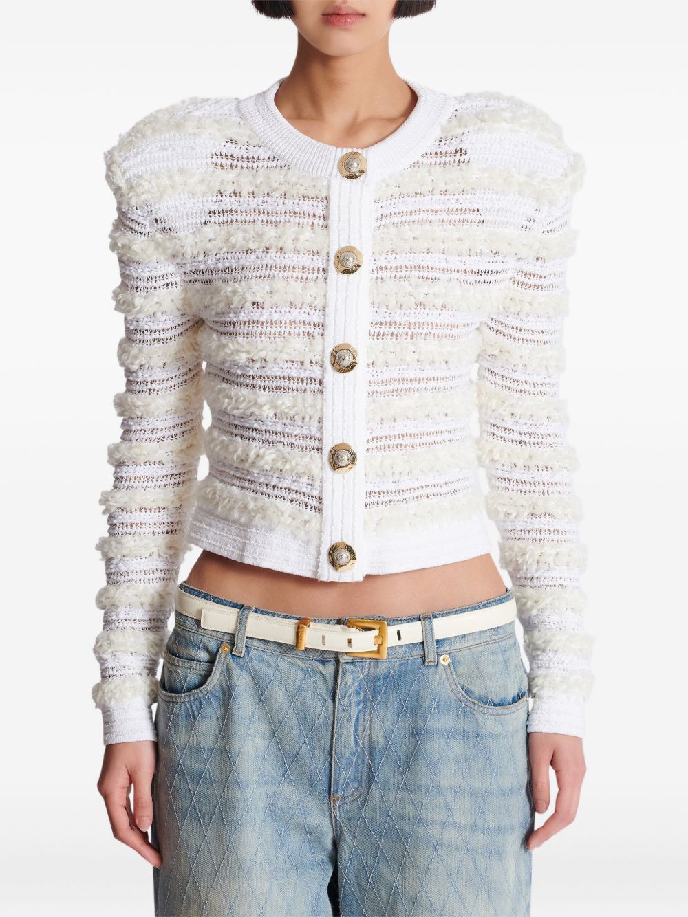 Balmain Long-Sleeved Tweed-Effect Knit Cardigan White