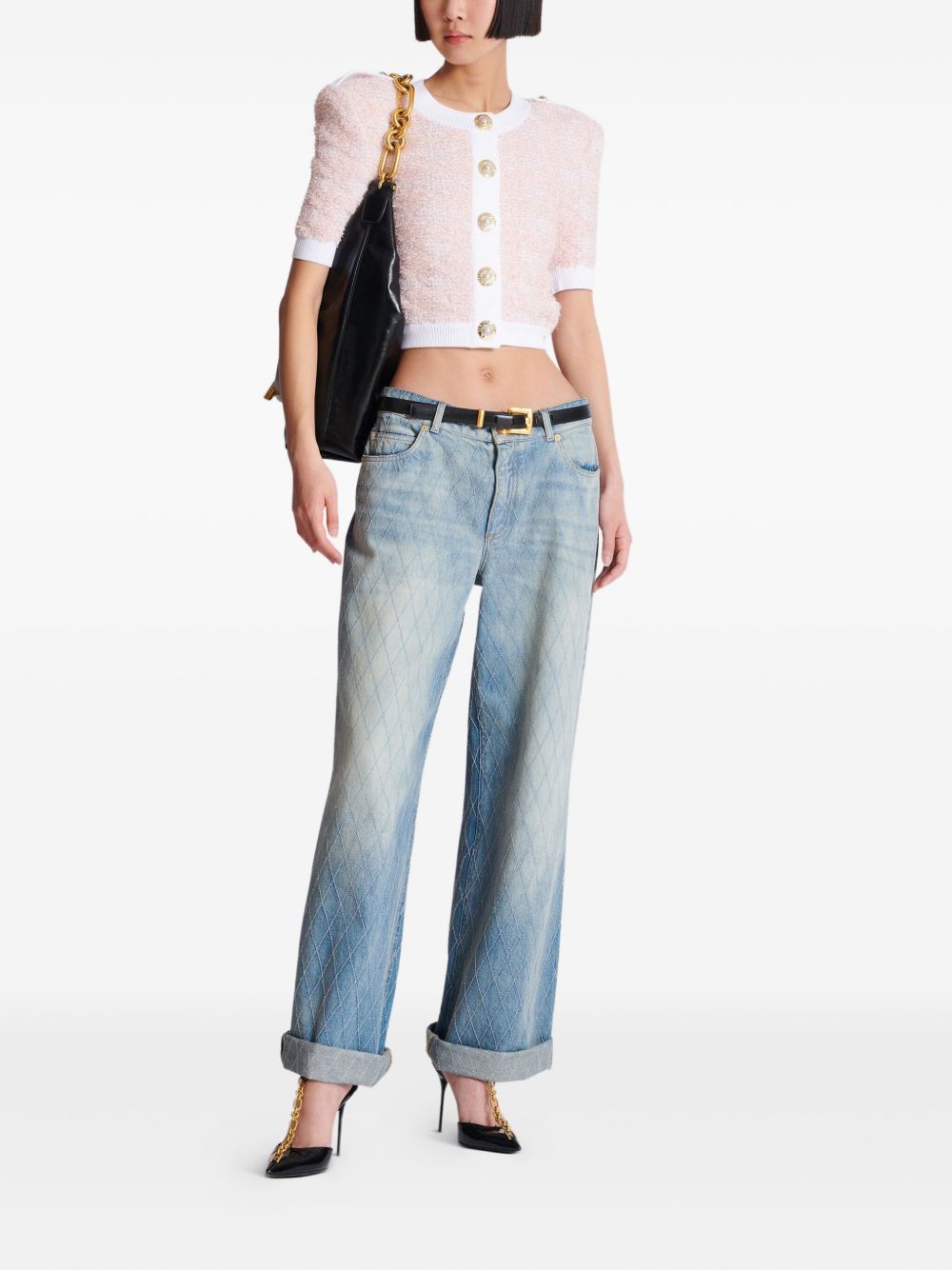 Balmain Cropped Tweed Cardigan with Logo-Embellished Buttons Pink