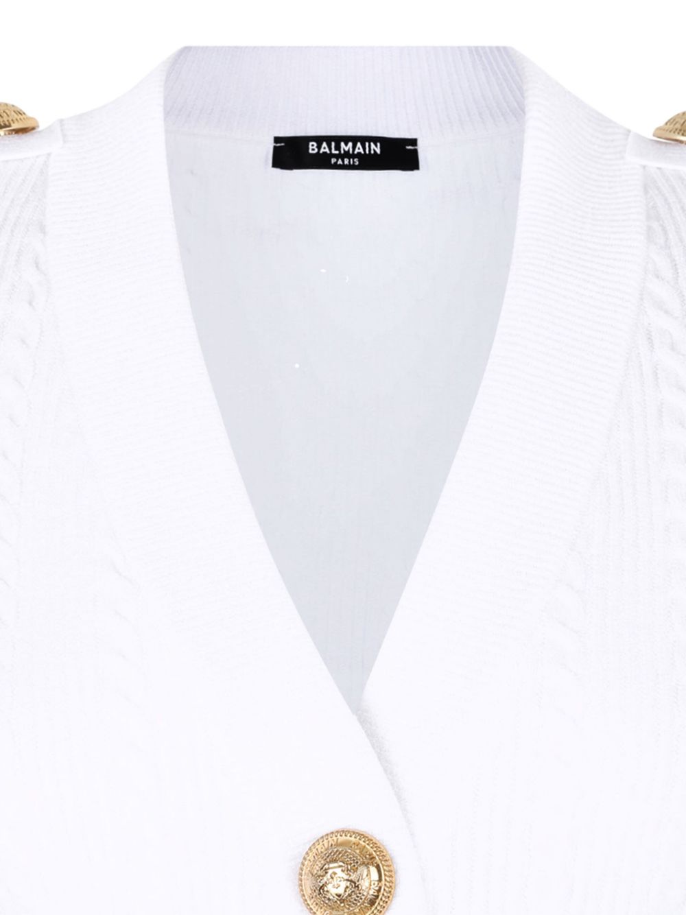 Balmain Button-Trim Cable-Knit V-Neck Cardigan White