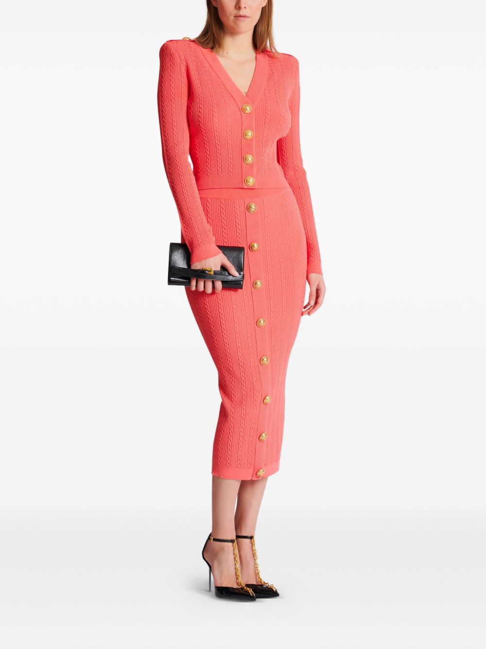 Balmain Long-Sleeved Twisted Knit Cardigan in Coral Pink Orange