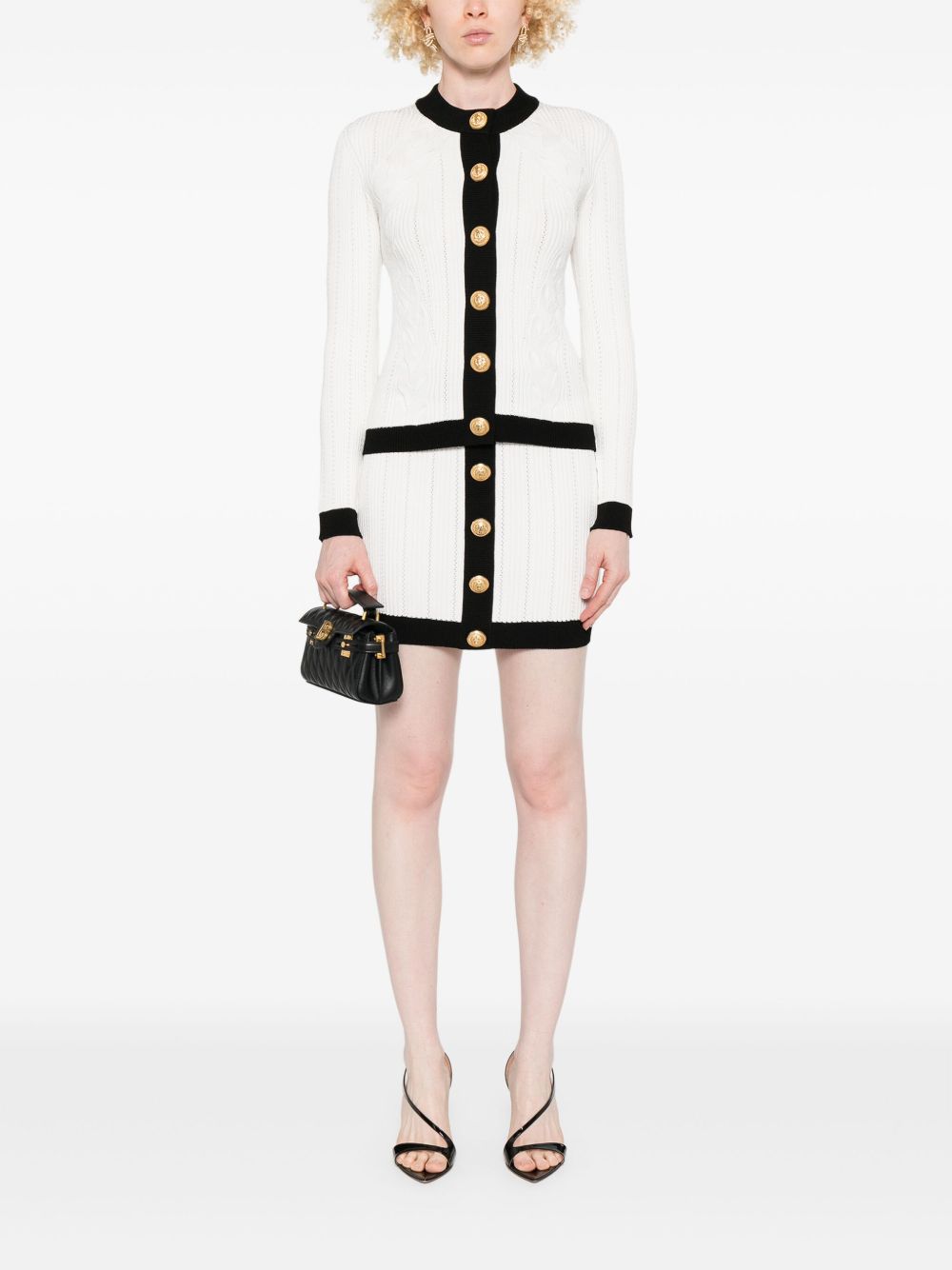 Balmain Button-Embellished Ribbed-Knit Mini Skirt White