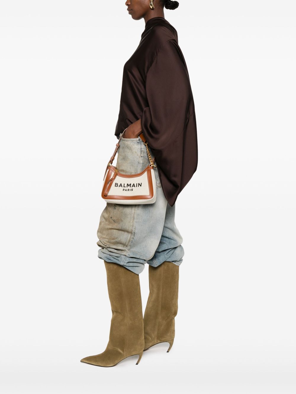 Balmain B-Army Canvas Shoulder Bag Leather Brown