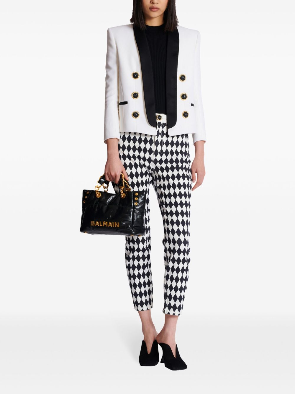 Balmain 1945 Soft PB-Monogrammed Crinkled Small Leather Tote Bag Black