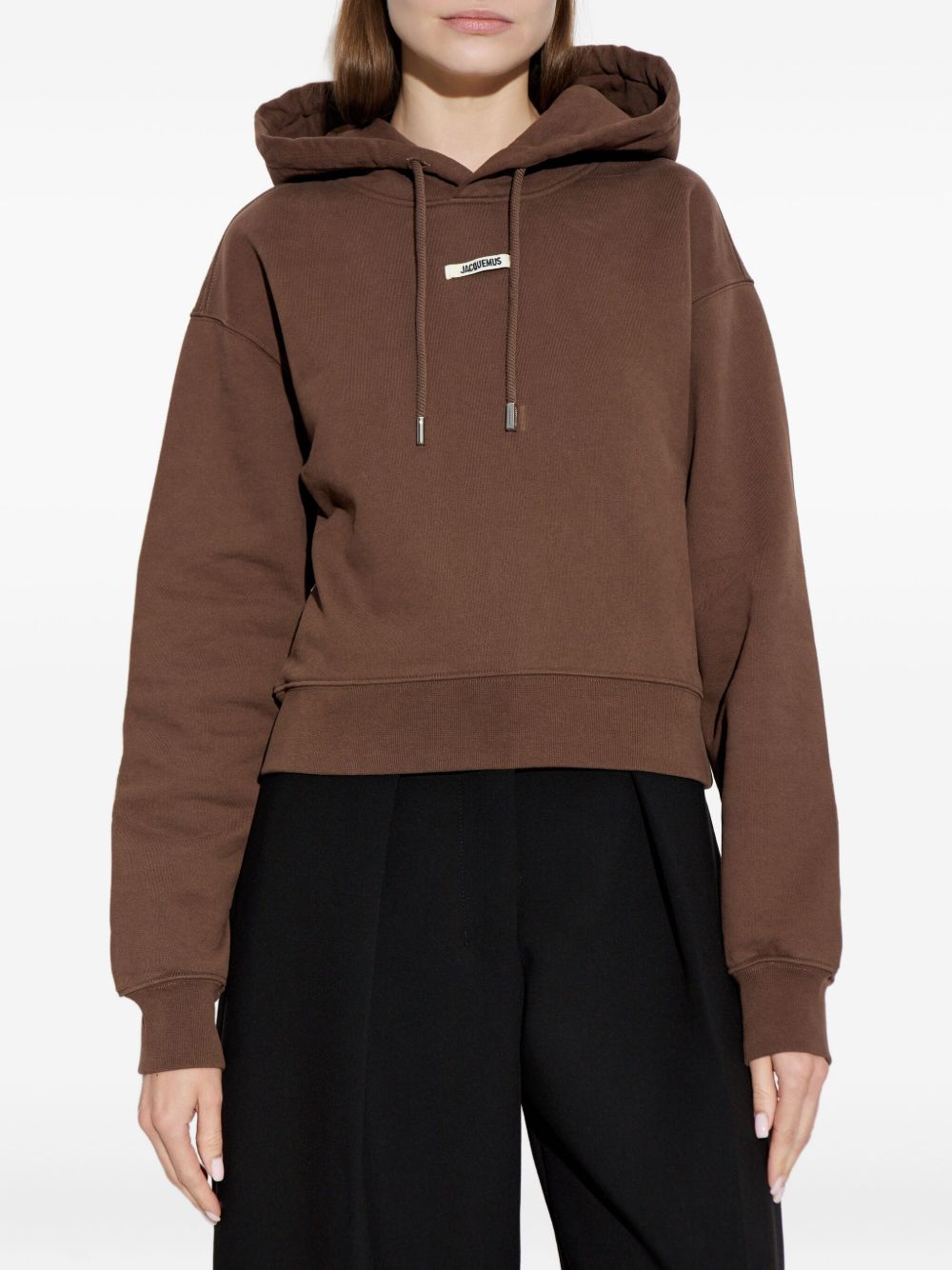 Jacquemus Cropped Logo-Patch Cotton Hoodie Brown
