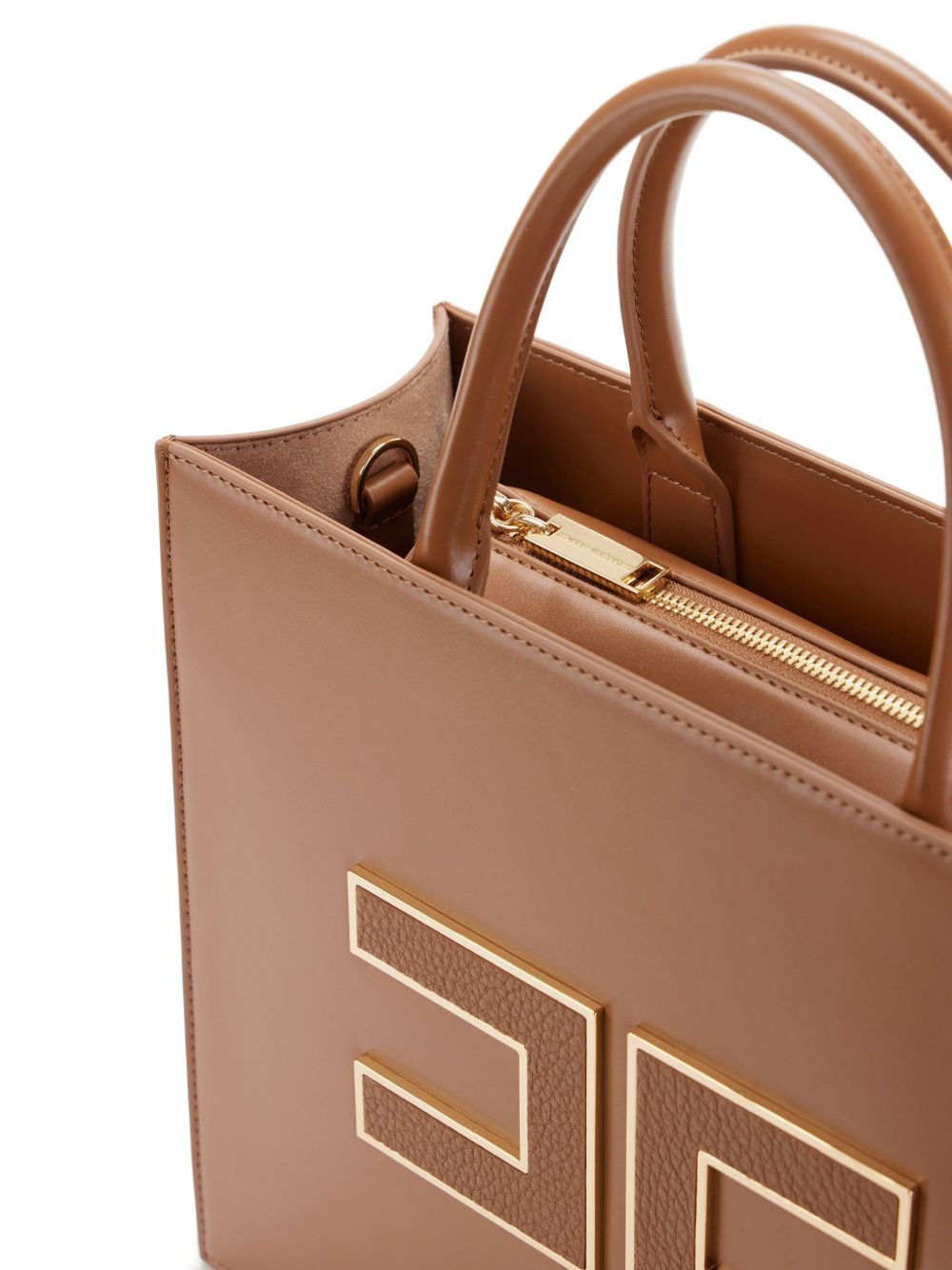 Elisabetta Franchi Large Logo-Appliqué Leather Tote Bag Brown