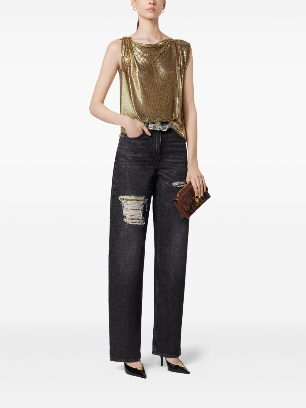 Versace Black High-Rise Ripped Jeans with Gold-Tone Hardware Black