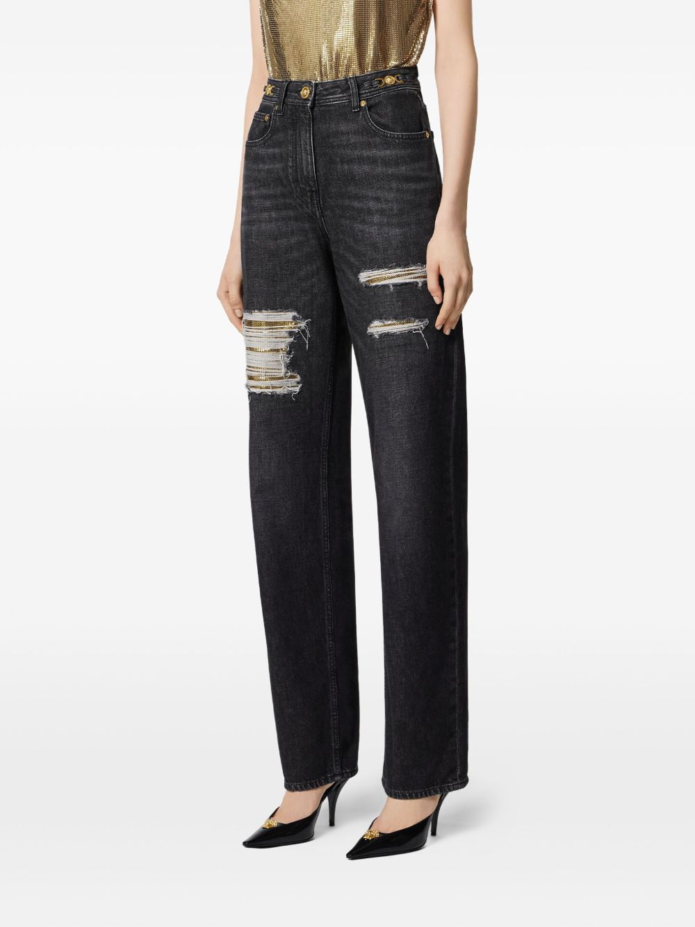 Versace Black High-Rise Ripped Jeans with Gold-Tone Hardware Black