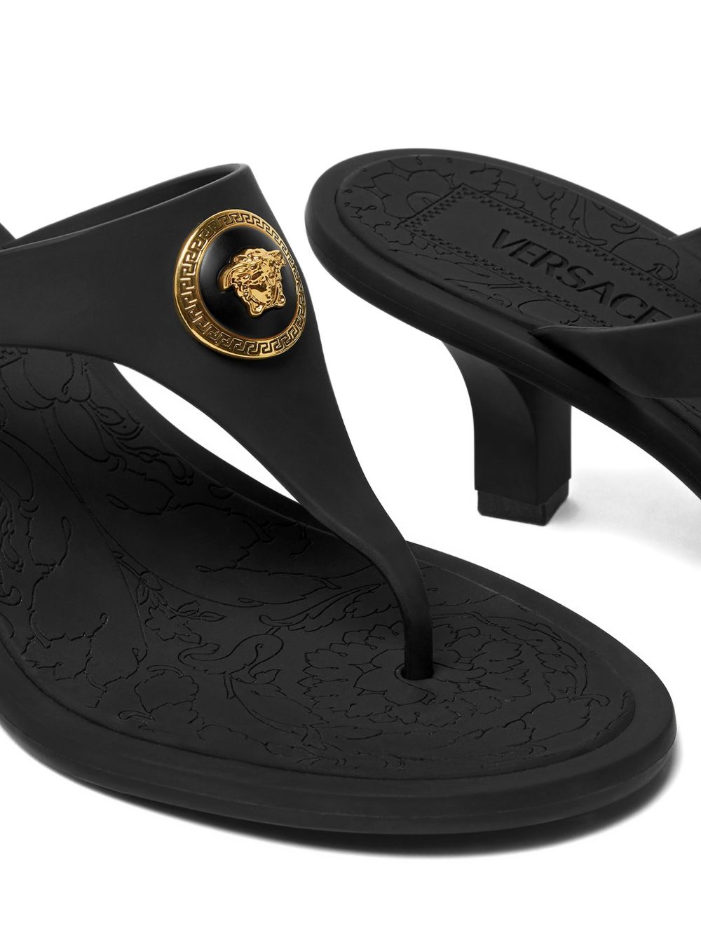 Versace Alia Medusa Thong Kitten Heel Sandals Black