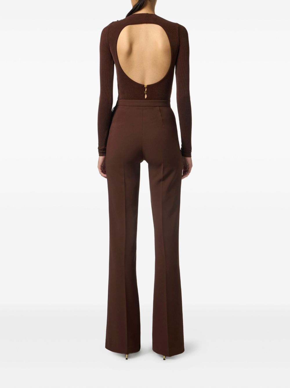Elisabetta Franchi High-Waisted Flared Trousers with Gold-Tone Buttons Brown