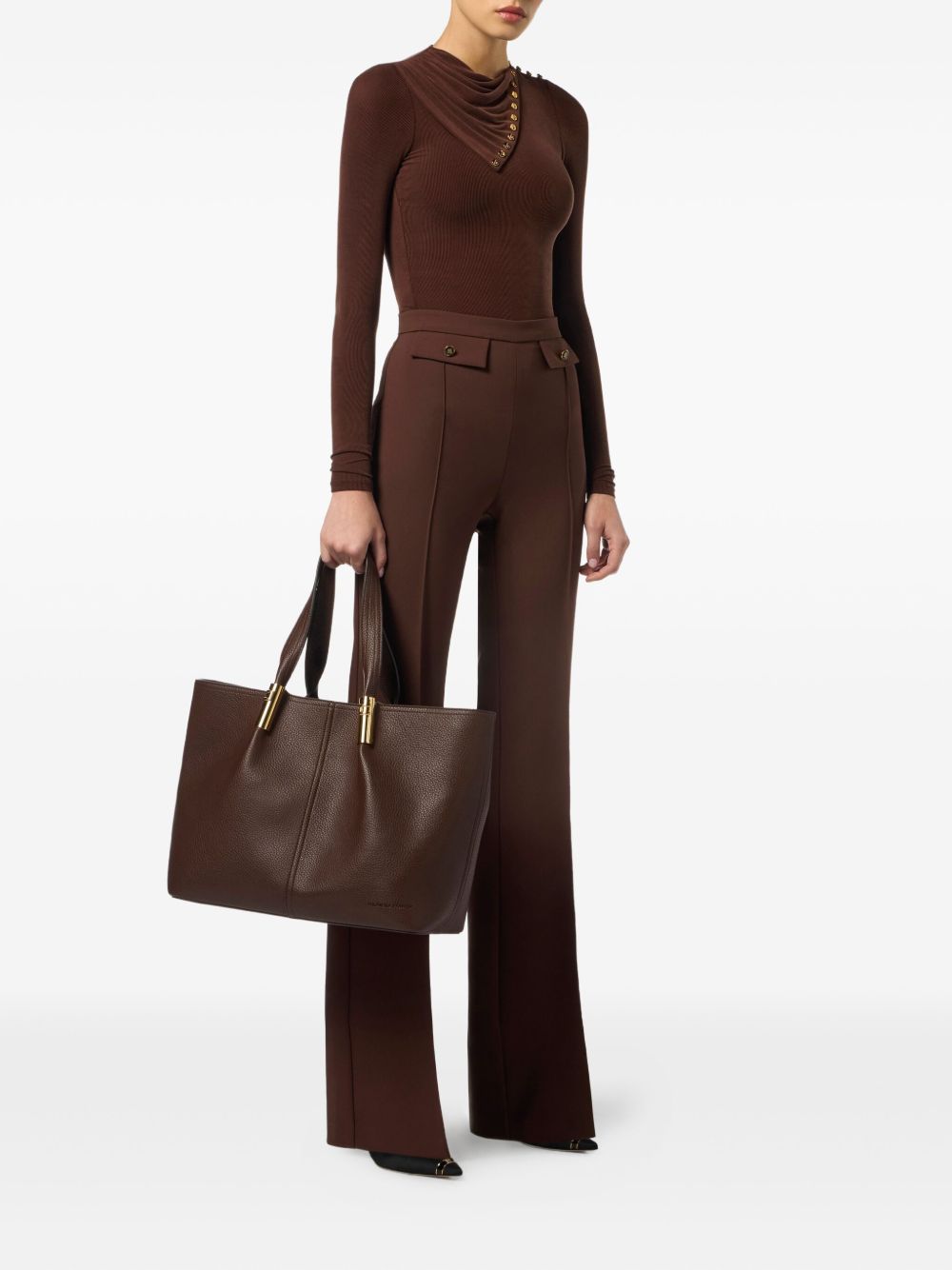 Elisabetta Franchi High-Waisted Flared Trousers with Gold-Tone Buttons Brown