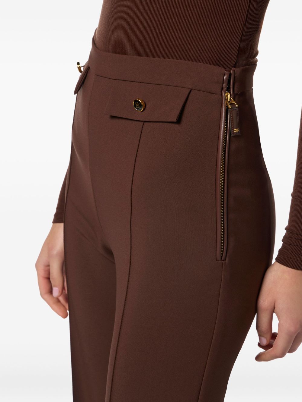 Elisabetta Franchi High-Waisted Flared Trousers with Gold-Tone Buttons Brown
