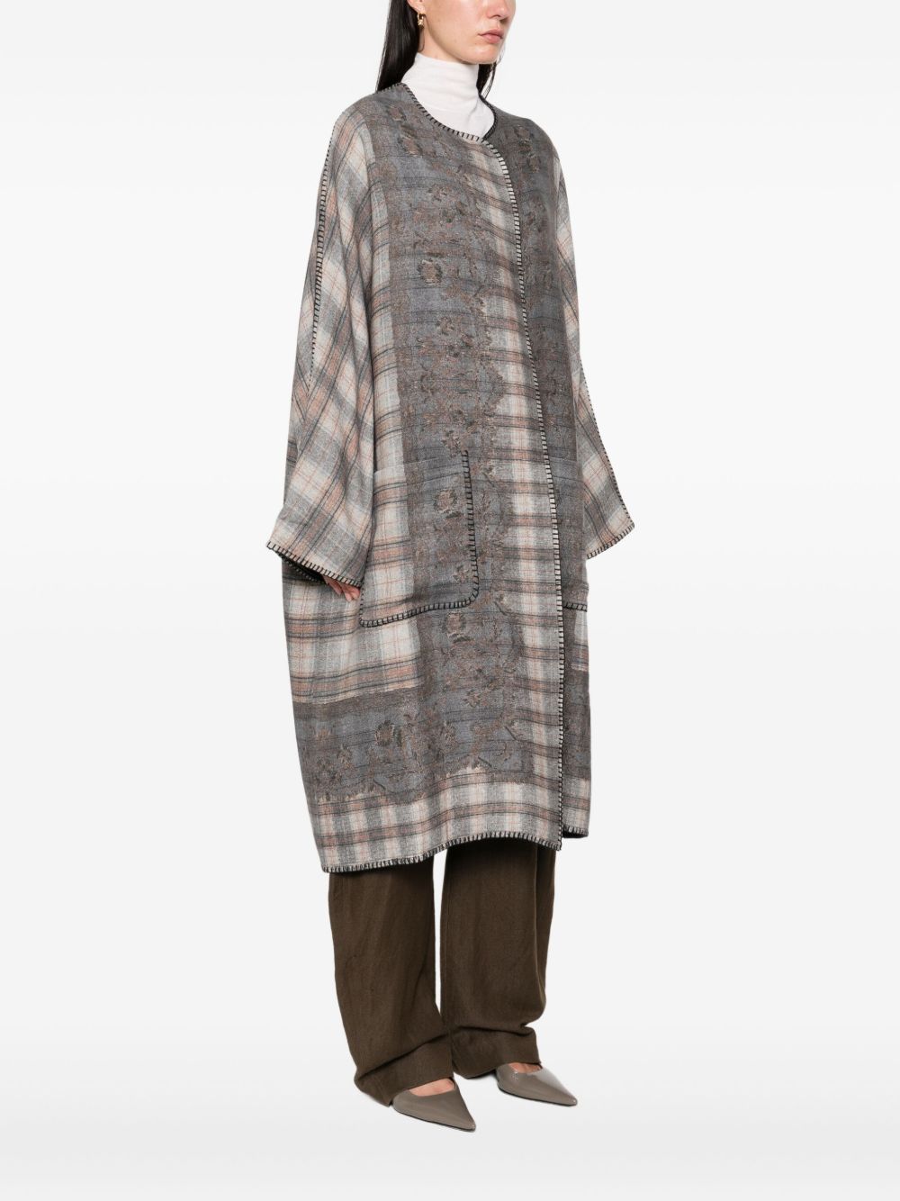 Pierre Louis Mascia Checked Wool Kimono Dress Grey