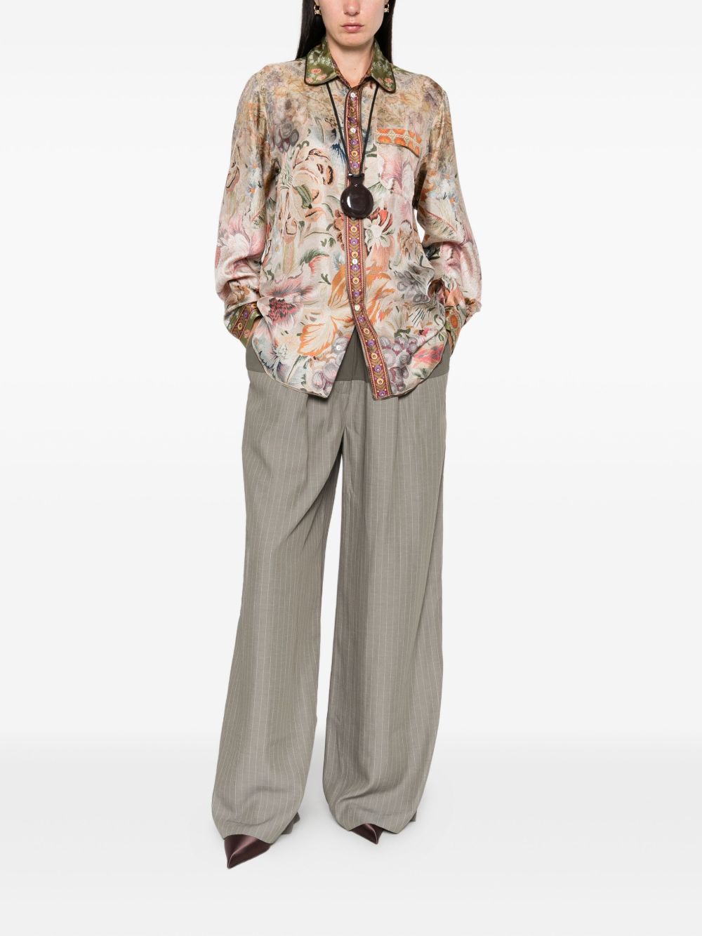Pierre Louis Mascia Floral Printed Silk Shirt Beige