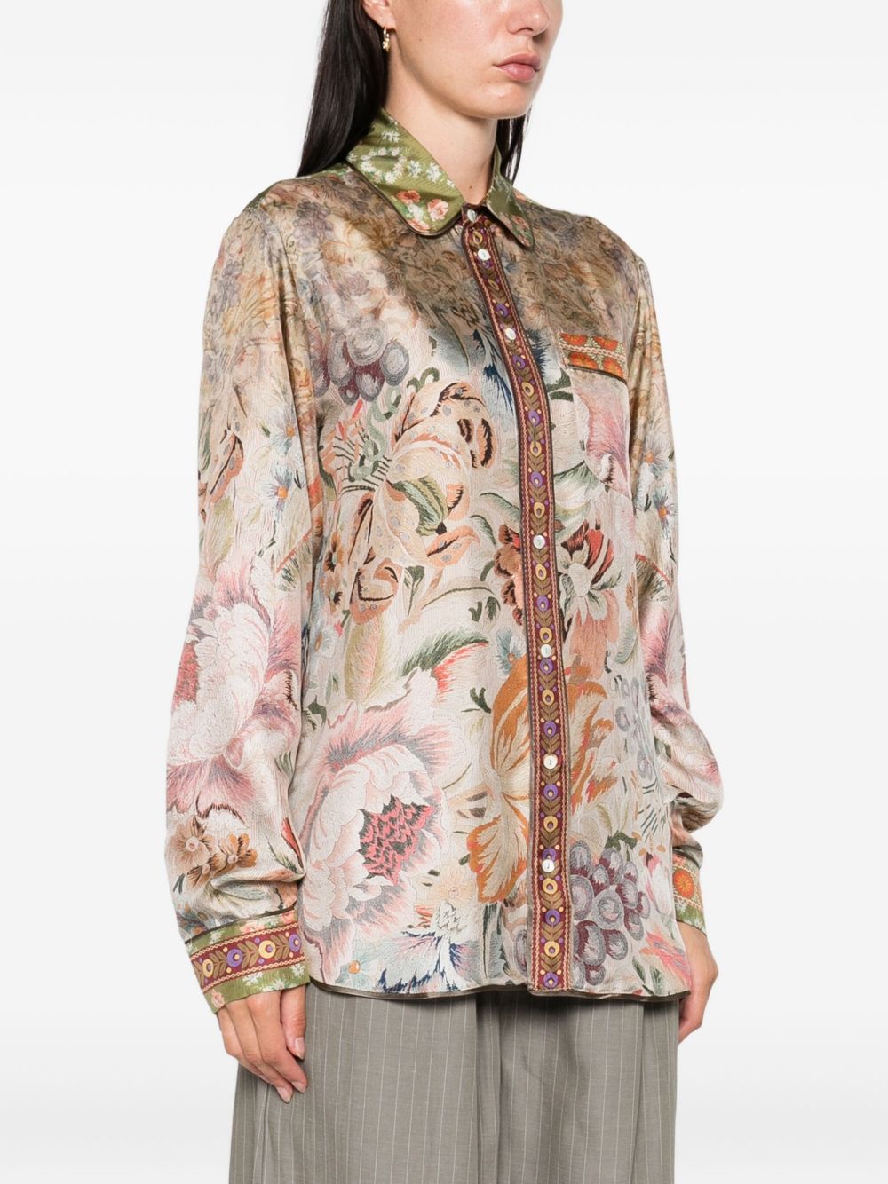 Pierre Louis Mascia Floral Printed Silk Shirt Beige