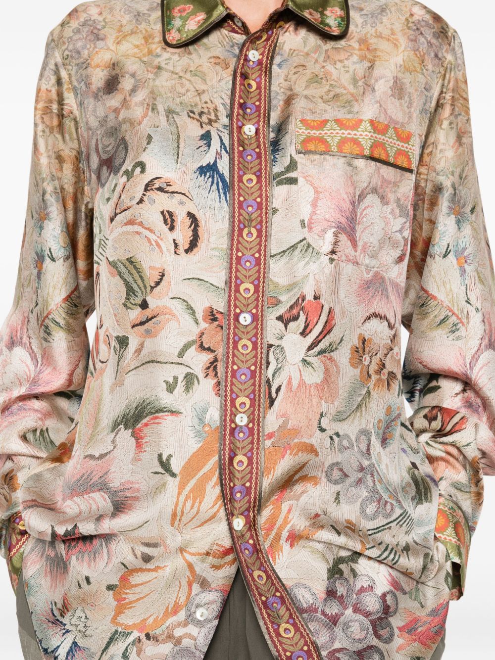 Pierre Louis Mascia Floral Printed Silk Shirt Beige