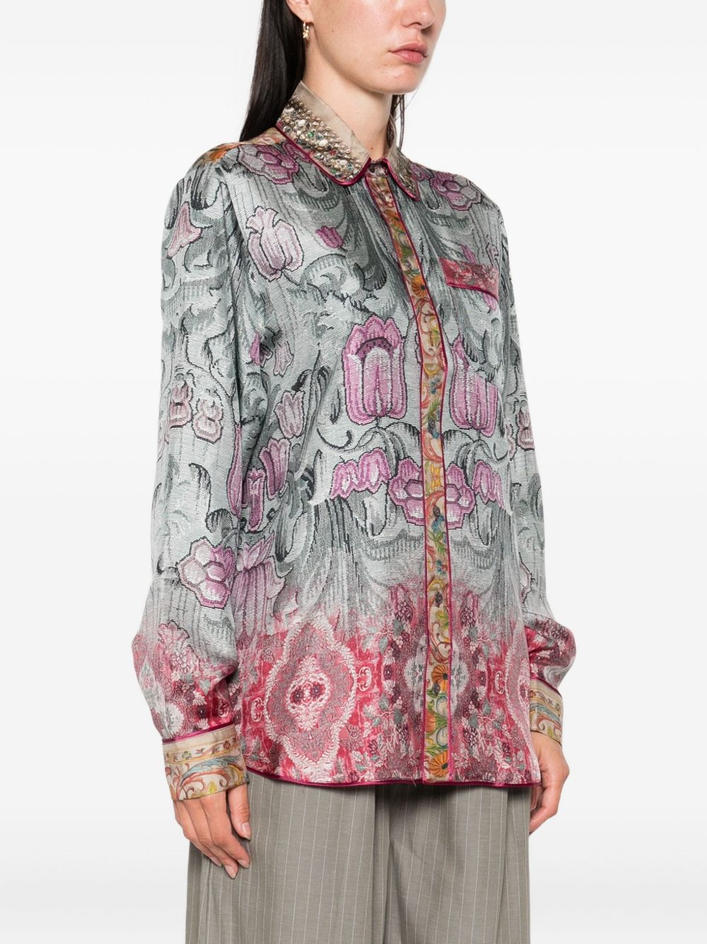 Pierre Louis Mascia Embellished Collar Printed Silk Shirt Clear Blue