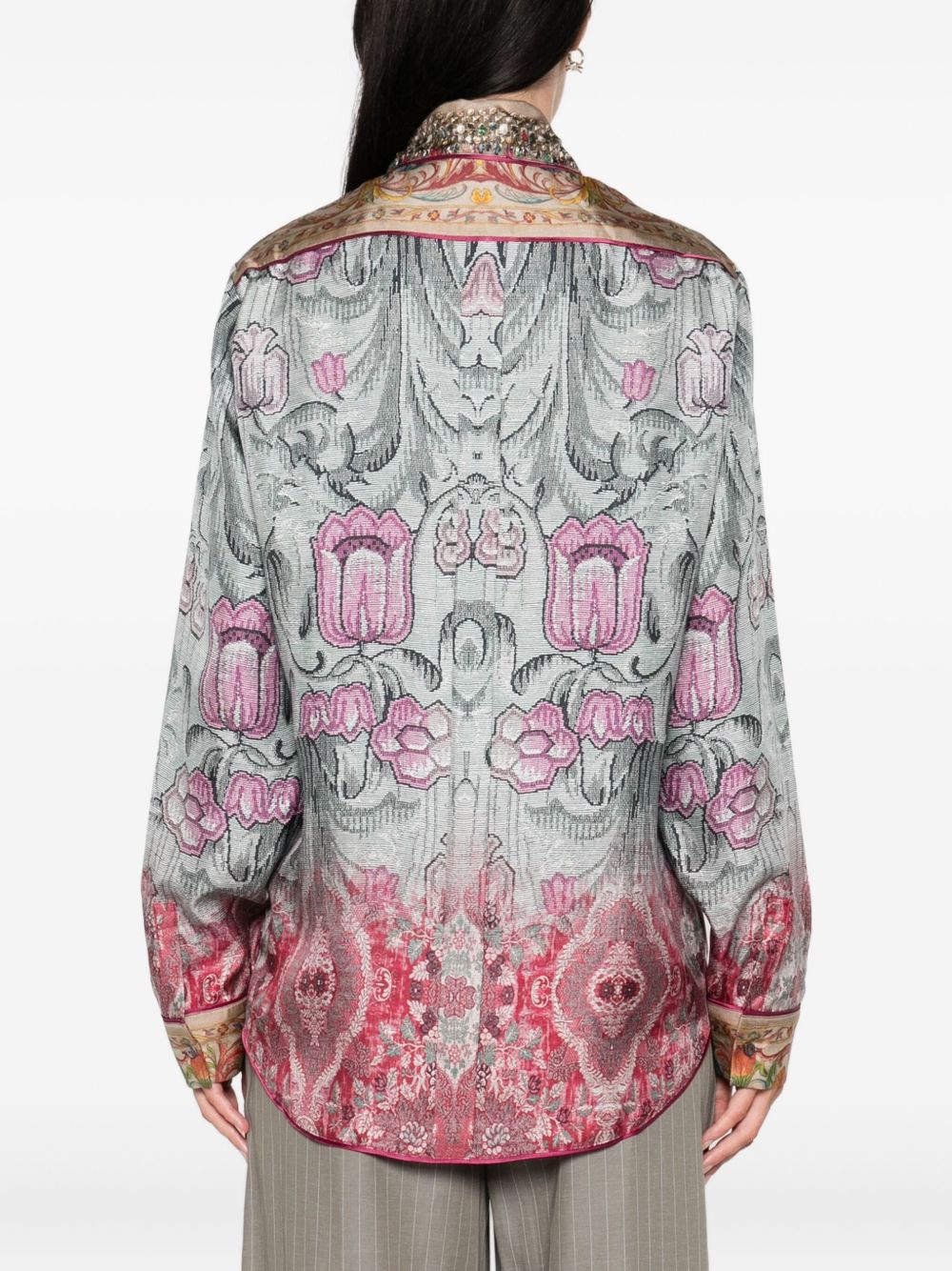 Pierre Louis Mascia Embellished Collar Printed Silk Shirt Clear Blue