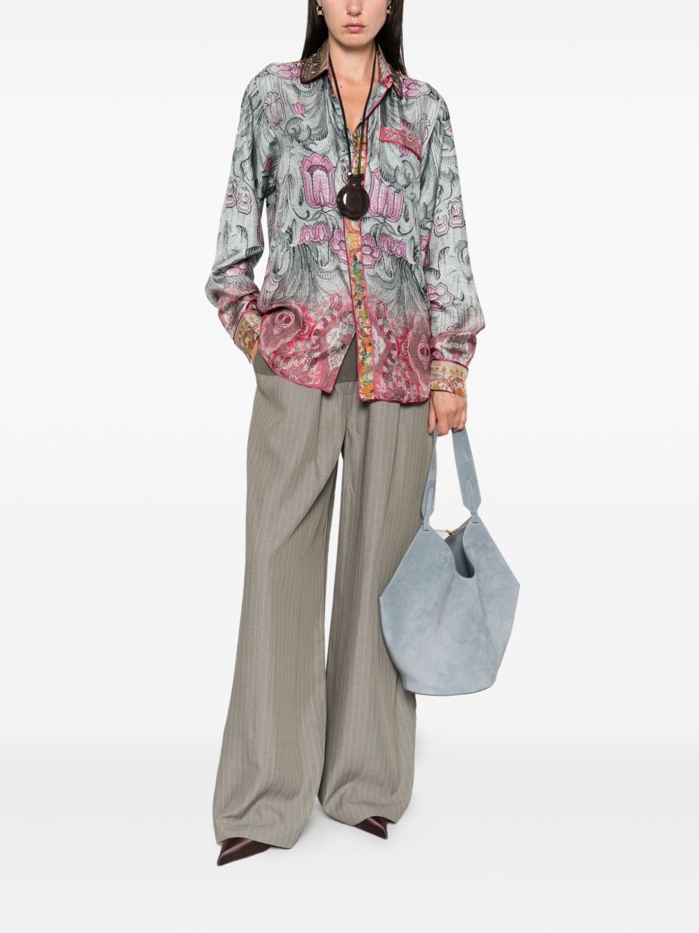 Pierre Louis Mascia Embellished Collar Printed Silk Shirt Clear Blue