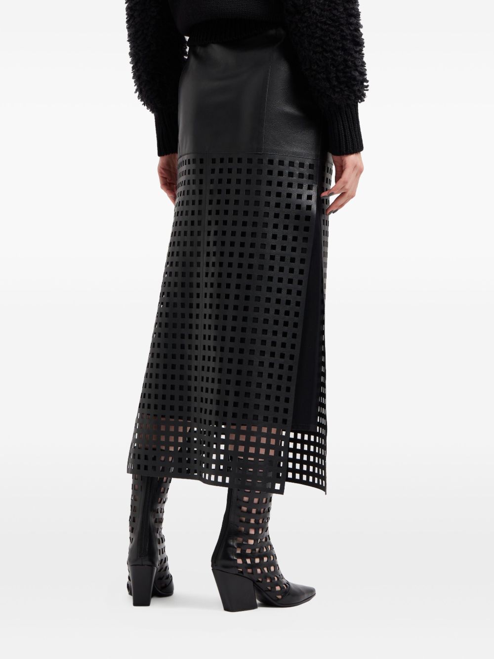 Emporio Armani Leather Cut-Out Midi Skirt Black