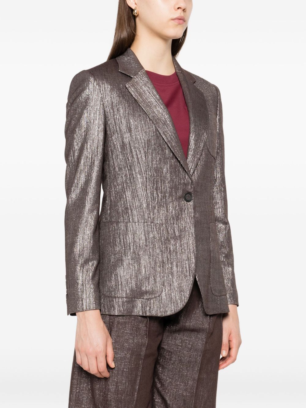 Brunello Cucinelli Metallic Single-Breasted Wool Blend Blazer Silver