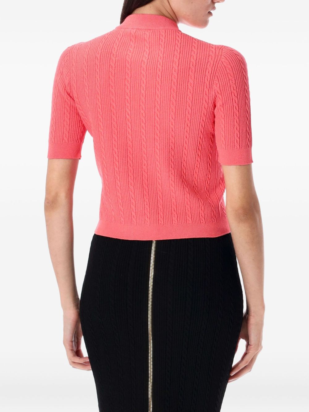Balmain Cable-Knit Gold-Button Cardigan in Coral Pink