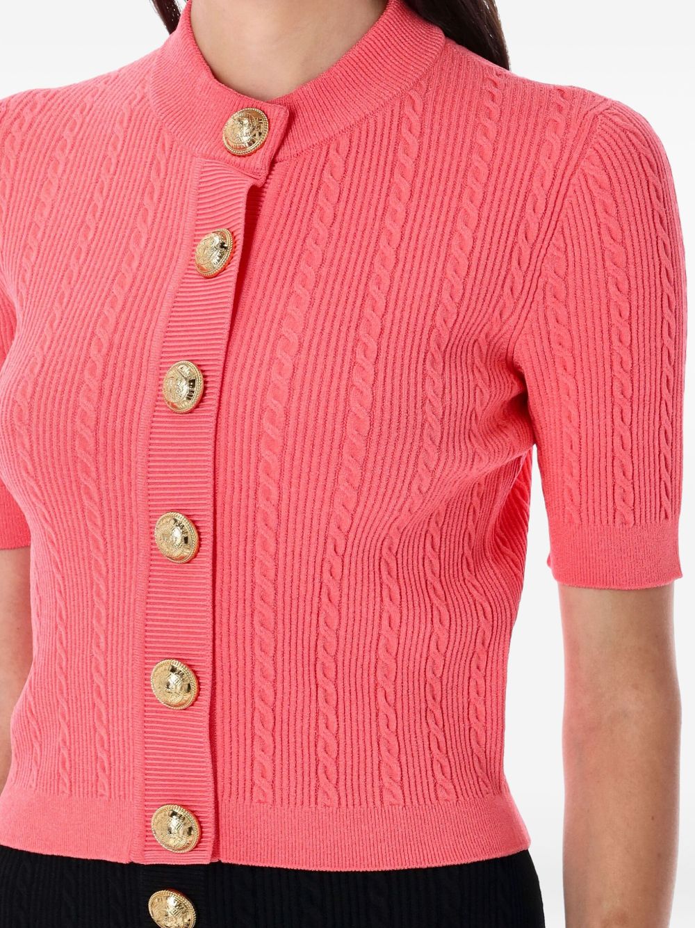 Balmain Cable-Knit Gold-Button Cardigan in  Coral Pink