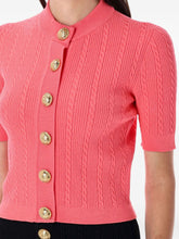 Balmain Cable-Knit Gold-Button Cardigan in  Coral Pink