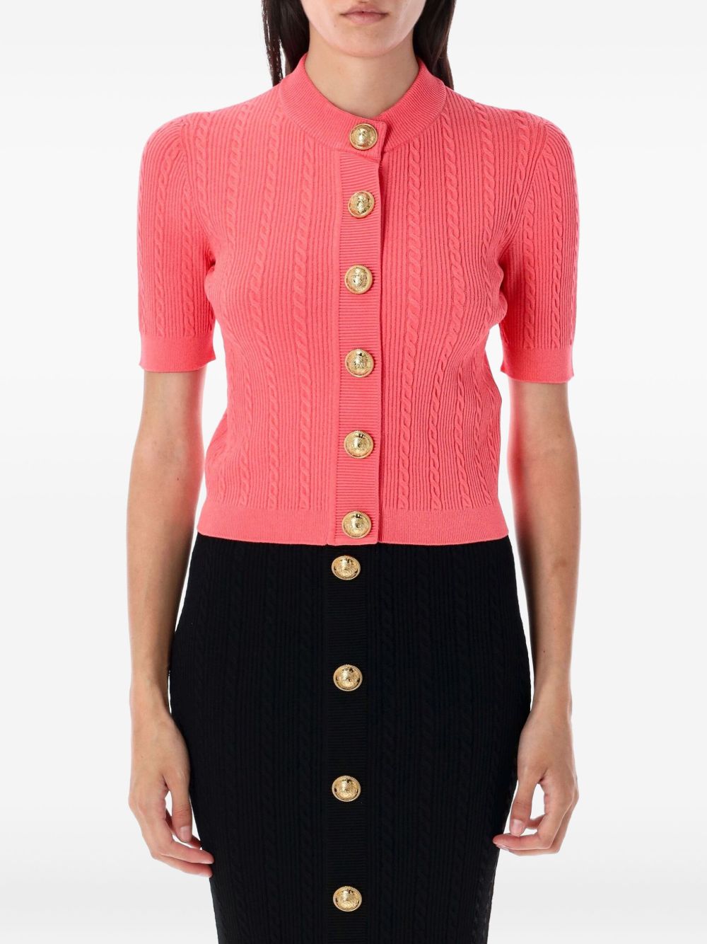 Balmain Cable-Knit Gold-Button Cardigan in  Coral Pink
