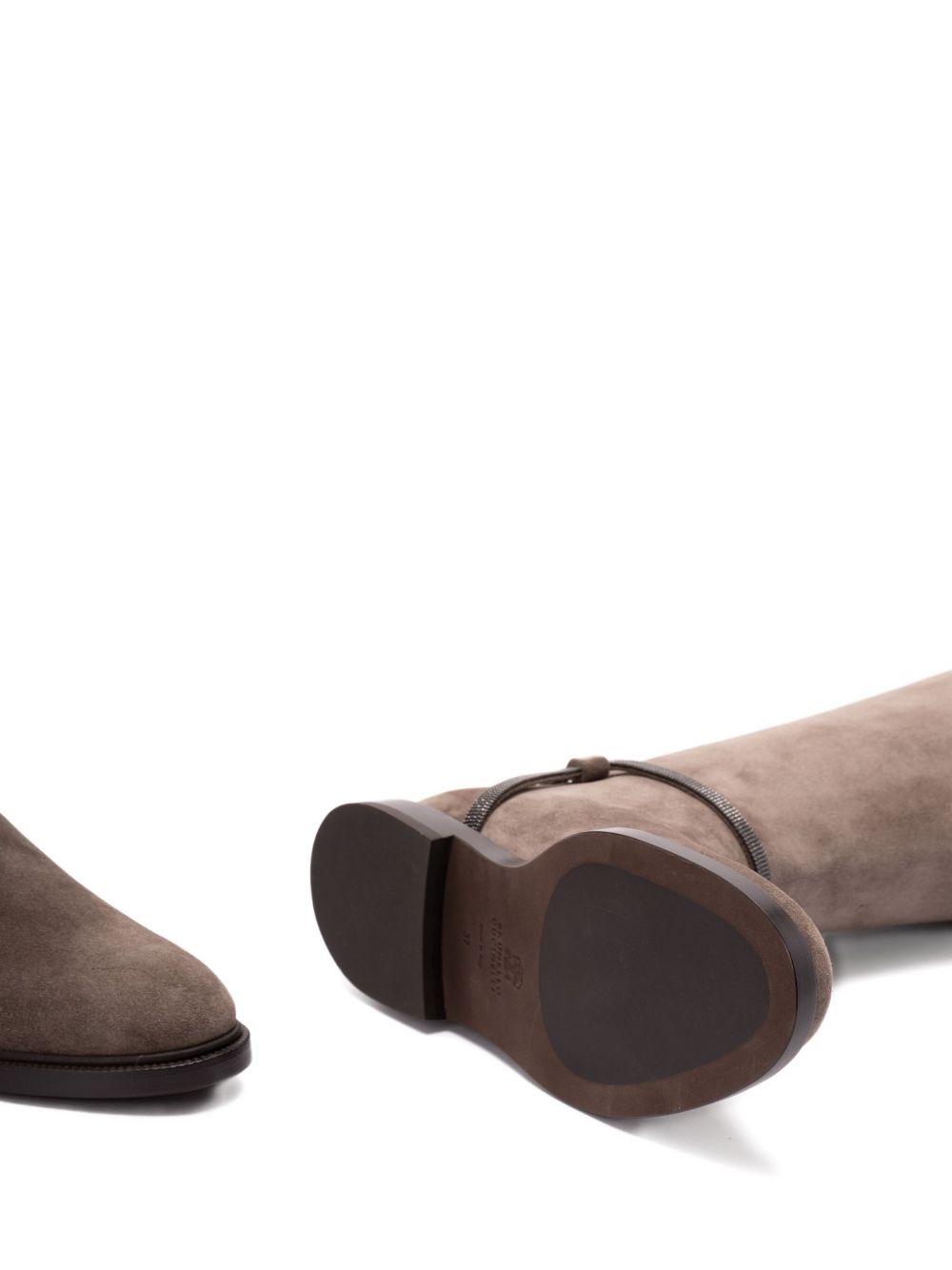 Brunello Cucinelli Suede Buckled Flat Boots with Monili Chain Brown
