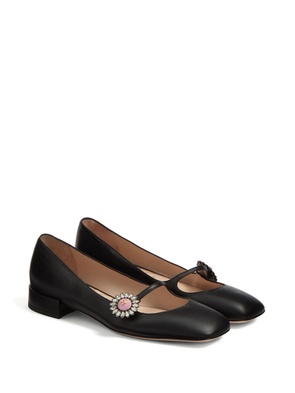Valentino Garavani Crystal-Embellished Buckle-Strap Calf Leather Ballet Flats Black